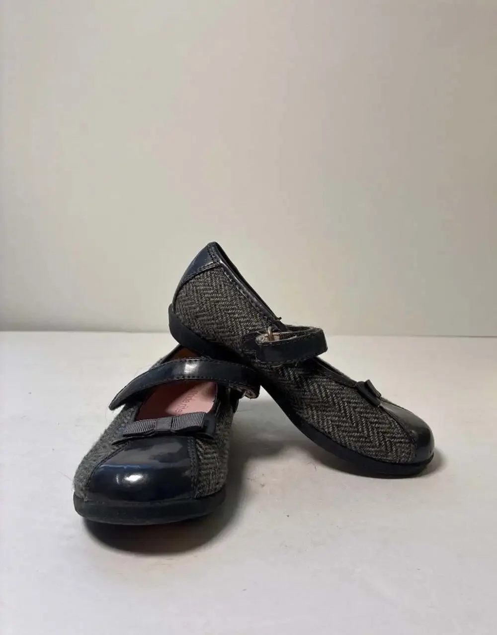 Stride Rite Girls Mary Jane Flats with Herringbone Fabric and Bow Detail